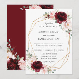 Burgundy Blush Pink Roses Floral Geometric Wedding Einladung