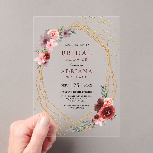 Burgundy Blush Pink Roses Geometric Bridal Shower  Acryleinladungen (Insitu (Handheld))