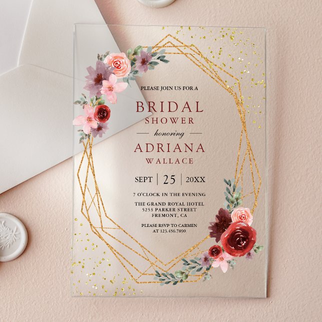 Burgundy Blush Pink Roses Geometric Bridal Shower  Acryleinladungen (Von Creator hochgeladen)