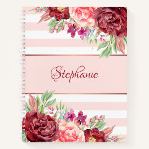 Burgundy Blush Pink Streifen Personalisiert Notizbuch