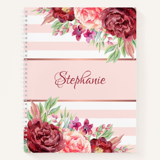 Burgundy Blush Pink Streifen Personalisiert Notizbuch (Vorderseite)