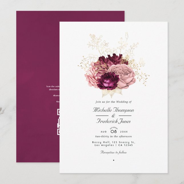 Burgundy Blush Pink und Gold QR Code UAWG Wedding Einladung (Vorne/Hinten)
