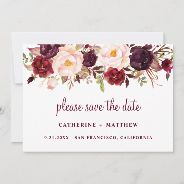 Burgundy Blush Pink Wedding Save the Date (Vorderseite)