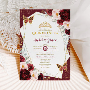 Burgundy Blush Quinceañera Butterflies Mis Quince Einladung