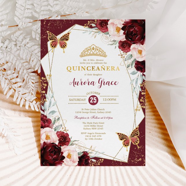 Burgundy Blush Quinceañera Butterflies Mis Quince Einladung (Von Creator hochgeladen)