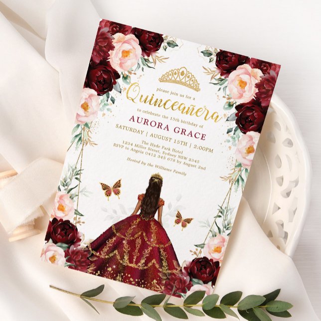 Burgundy Blush Quinceñera Prinzessin Mis Quince Einladung (Von Creator hochgeladen)