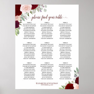 Burgundy Blush Rose 9 Tabelle Hochzeitstabelle Poster