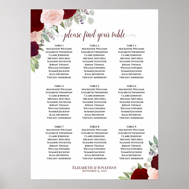 Burgundy Blush Rose 9 Tabelle Hochzeitstabelle Poster (Vorne)