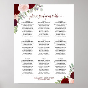 Burgundy Blush Rose 9 Tabelle Hochzeitstabelle Poster