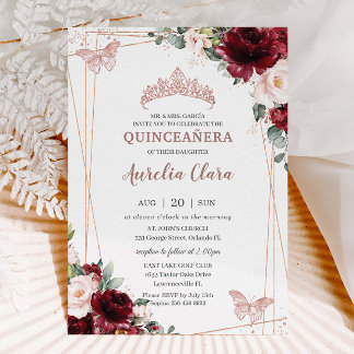 Burgundy Blush Rose Gold Tiara Quinceañera Einladung