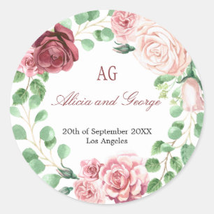 Burgundy Blush Rose Wreath Mit Monogramm Hochzeit Runder Aufkleber