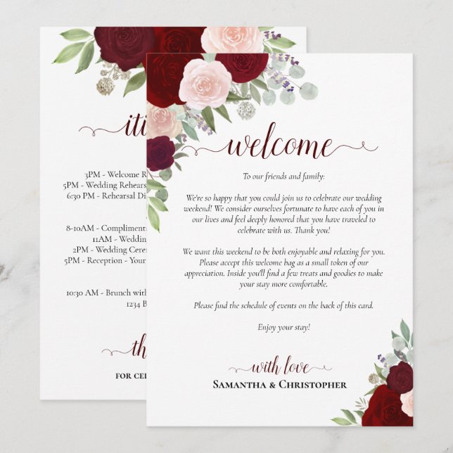 Burgundy Blush Roses Wedding Welcome & Itinerary Programm (Vorne/Hinten)