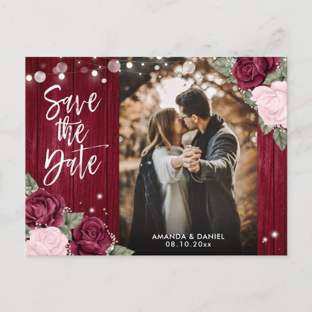 Burgundy Blush Rustic Wedding Foto Save the Date Ankündigungspostkarte (Vorderseite)