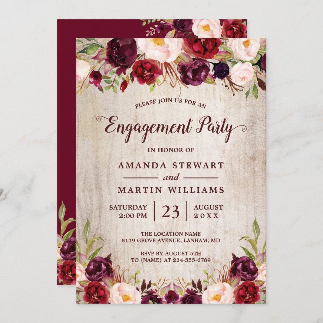 Burgundy Blush Rustic Wood Engagement Party Einladung (Vorne/Hinten)