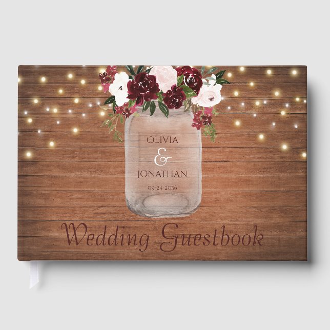 Burgundy Blush Rustic Wood Wedding Gästebuch (Vorderseite)
