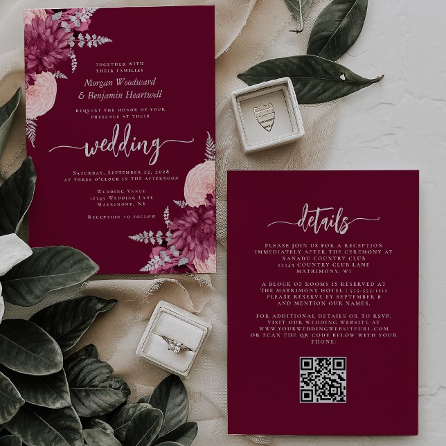 Burgundy Blush Silver Floral QR Code Hochzeit Einladung (Von Creator hochgeladen)