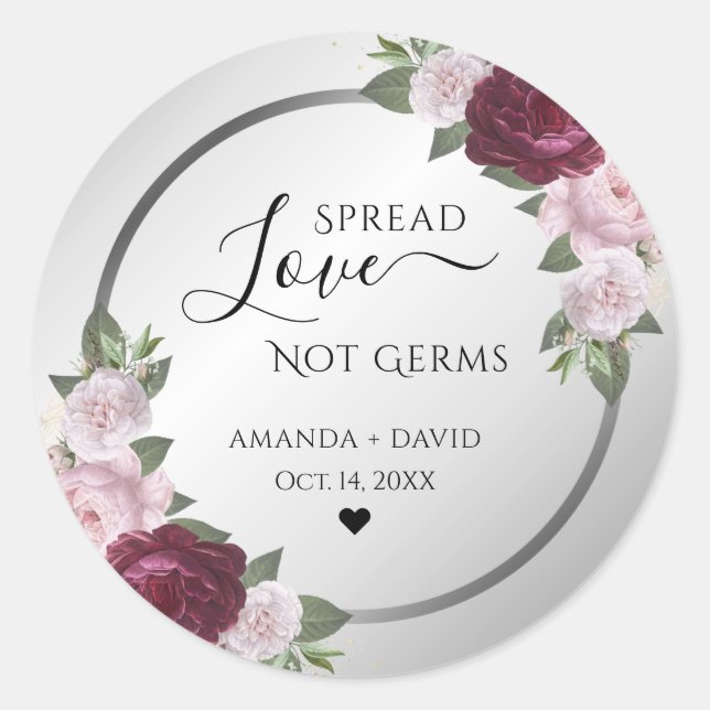 Burgundy Blush Silver Floral Spread Liebe Runder Aufkleber (Vorderseite)