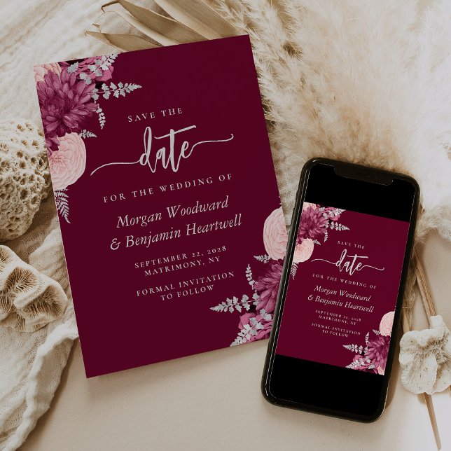 Burgundy Blush Silver Floral Wedding Save the Date Einladung (Von Creator hochgeladen)