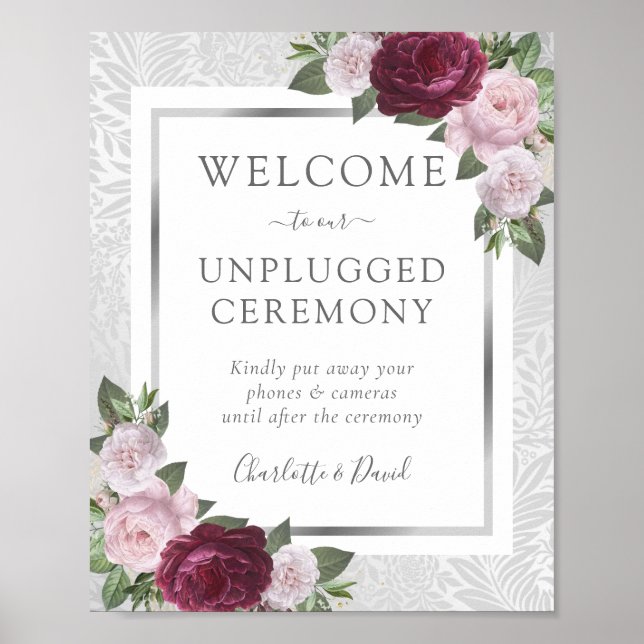 Burgundy Blush Silver Unplugged Wedding Sign Poster (Vorne)