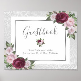 Burgundy Blush Silver Wedding Guest Book Sign Poster