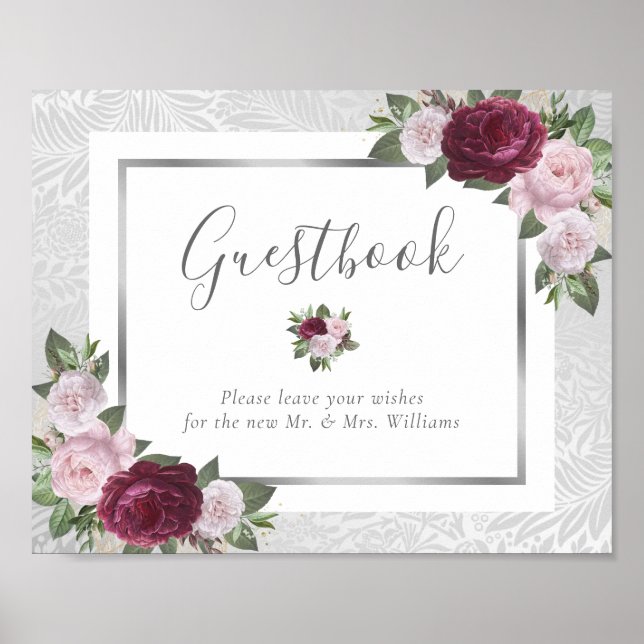 Burgundy Blush Silver Wedding Guest Book Sign Poster (Vorne)