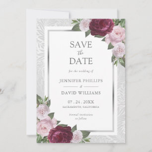 Burgundy Blush Silver Wedding Save the Date Cards