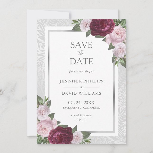 Burgundy Blush Silver Wedding Save the Date Cards (Vorderseite)