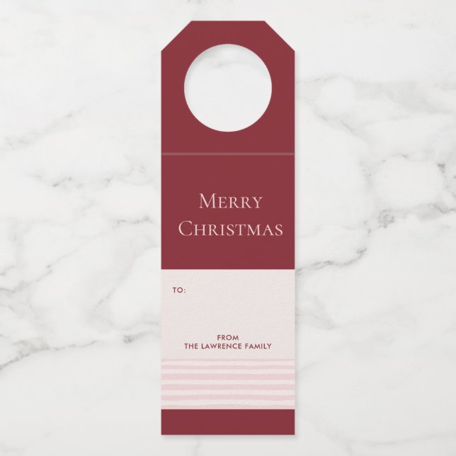 Burgundy Blush Stripe Frohe Weihnachtsgeschenk Flaschenanhänger (Vorderseite)