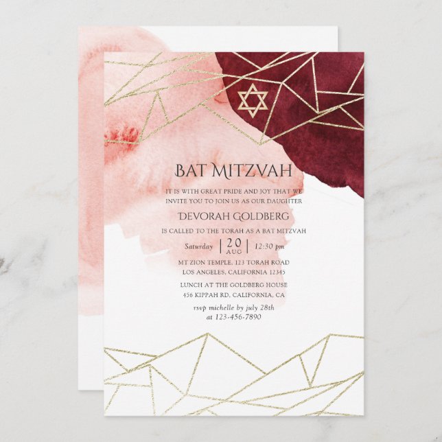Burgundy Blush Wassercolor Geometric Bat Mitzvah Einladung (Vorne/Hinten)