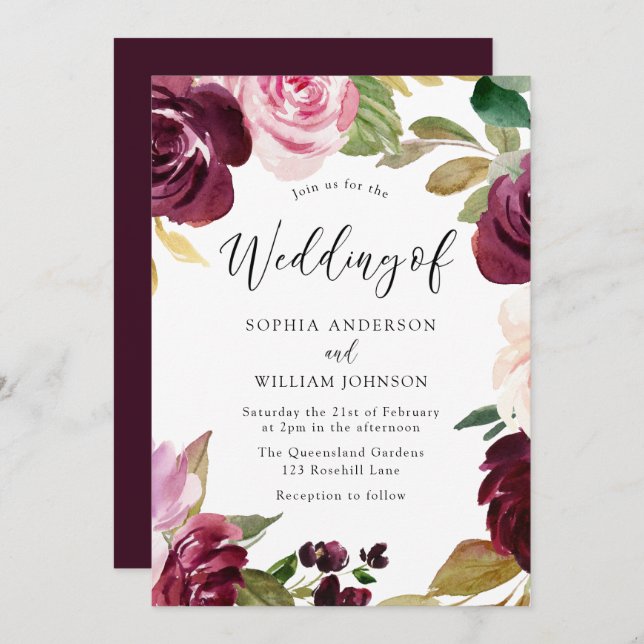 Burgundy Blush Wasserfarbe Blume Hochzeit auf eleg Einladung (Vorne/Hinten)