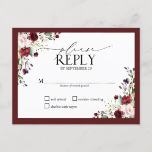Burgundy Blush Watercolor Floral Wedding RSVP Invi Einladungspostkarte