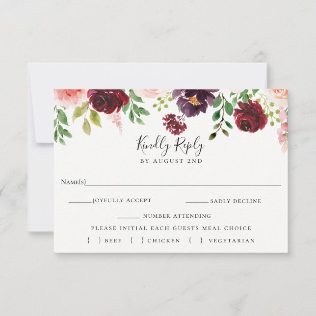 Burgundy Blush Wedding RSVP Meal Choice Card (Vorderseite)