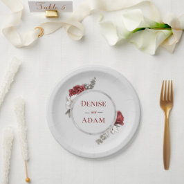 Burgundy Blush & White Roses Silver Foil Pappteller