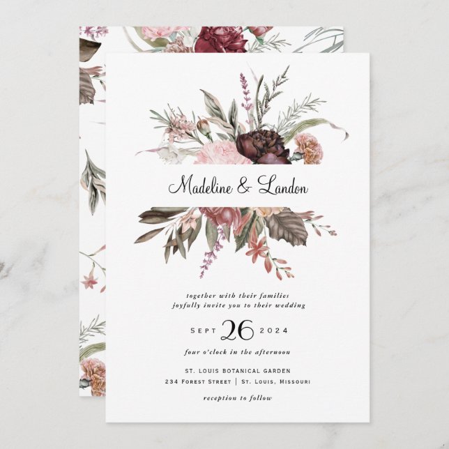 Burgundy Blush Wildblume Wedding Einladung (Vorne/Hinten)