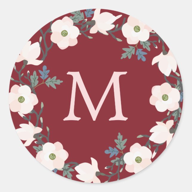 Burgundy Blush Wreath Monogram Weihnachtsfeiertag Runder Aufkleber (Vorderseite)