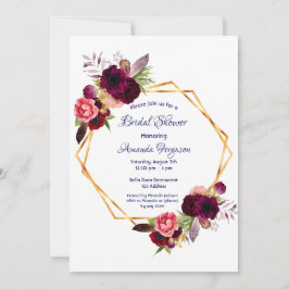 Burgundy Blüten Gold geometrisch boho Brautparty Einladung