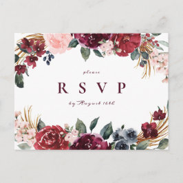 Burgundy boho blumenreiche Hochzeit RSVP Einladungspostkarte