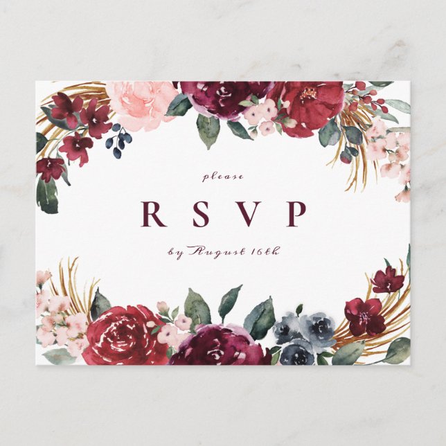 Burgundy boho blumenreiche Hochzeit RSVP Einladungspostkarte (Vorderseite)