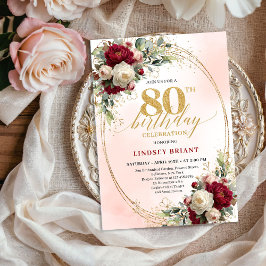 Burgundy Boho Chic Floral 80th Birthday Party Einladung