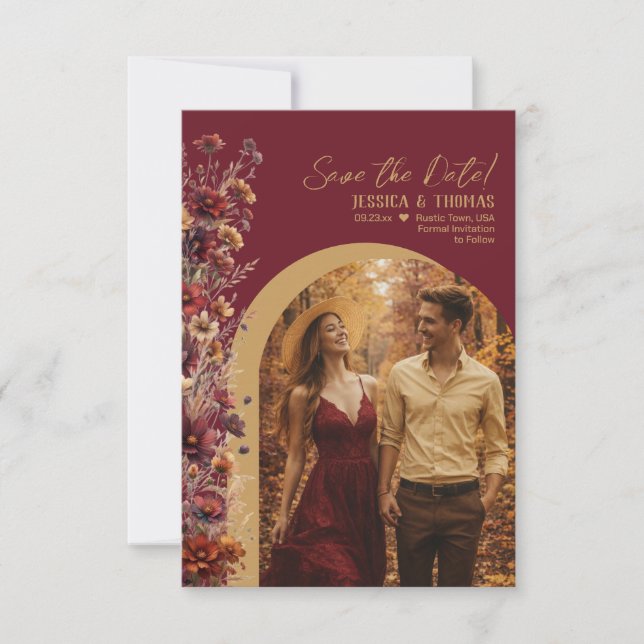 Burgundy Boho Chic Wildflowers Arch Photo Wedding Save The Date (Vorderseite)