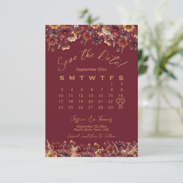 Burgundy Boho Chic Wildflowers Wedding Calendar Save The Date (Stehend Vorderseite)