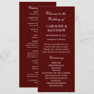 Burgundy Boho Dinner Modern Minimalistic Wedding Programm