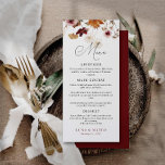 Burgundy Boho Fall Floral Wedding Menu Menükarte<br><div class="desc">Boho Theme Burgundy Fall Blumenkarten mit Blumenkarte. Entworfen mit Watercolor Fall Florals Matching Artikel in unserem Shop Cava Party Design</div>