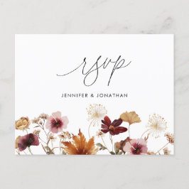 Burgundy Boho Fall Floral Wedding RSVP Post Card Postkarte