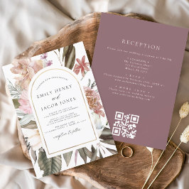 Burgundy Boho Floral All in One QR Code Hochzeit Einladung