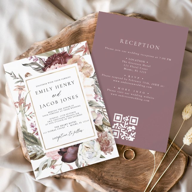 Burgundy Boho Floral All in One QR Code Hochzeit Einladung (Von Creator hochgeladen)