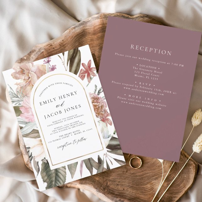 Burgundy Boho Floral All in One Wedding Einladung (Von Creator hochgeladen)