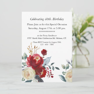 Burgundy Boho Floral, anpassbar,40. Geburtstag Einladung