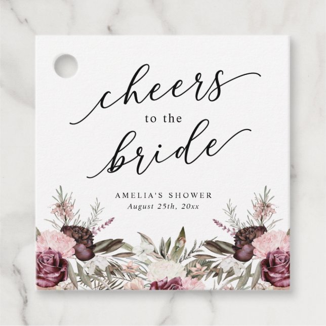 Burgundy Boho Floral Brautparty Geschenkanhänger (Vorderseite)