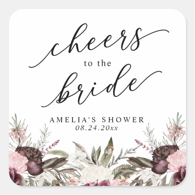 Burgundy Boho Floral Brautparty Quadratischer Aufkleber (Vorderseite)